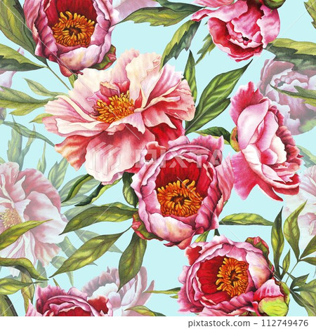 Watercolor peony bud Flower seamless pattern in pastel pink colors with green leaves on light blue background. Hand drawn floral illustration with cut out elements for wrapping paper, fabric design Watercolor peony bud Flower seamless pattern in pastel pink colors with green leaves on light blue background. Hand drawn floral illustration with cut out elements for wrapping paper, fabric design 112749476