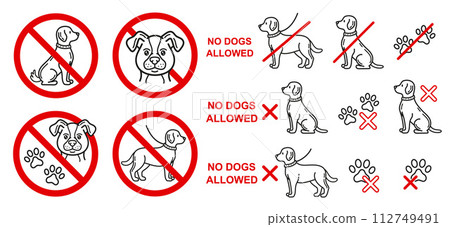 No dog animal allowed, prohibition sign, pet entry forbidden, danger, restricted for canine line icon set. Not walk doggy in public park zone. Paw print. Labrador puppy. Warning stop symbol. Vector No dog animal allowed, prohibition sign, pet entry forbidden, danger, restricted for canine line icon set. Not walk doggy in public park zone. Paw print. Labrador puppy. Warning stop symbol. Vector 112749491