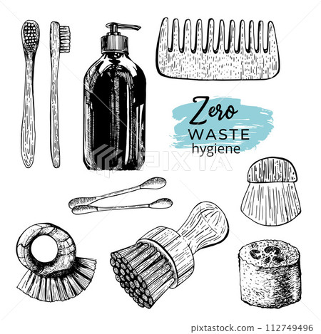 Zero waste vector illustration set. Hand drawn environment-friendly graphic collection of zero waste shopping simple black outlined icons with writings. Isolated. 112749496