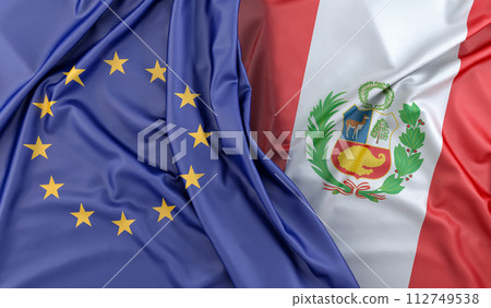 Ruffled Flags of European Union and Peru. 3D Rendering Ruffled Flags of European Union and Peru. 3D Rendering 112749538