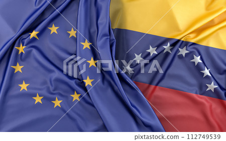 Ruffled Flags of European Union and Venezuela. 3D Rendering Ruffled Flags of European Union and Venezuela. 3D Rendering 112749539