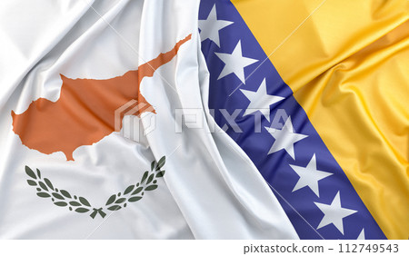 Ruffled Flags of Cyprus and Bosnia and Herzegovina. 3D Rendering 112749543
