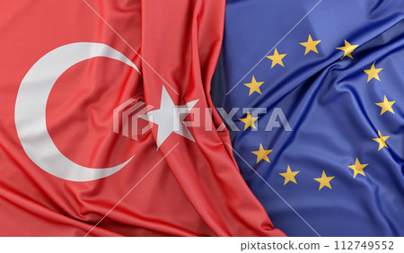 Ruffled Flags of Turkey and European Union. 3D Rendering Ruffled Flags of Turkey and European Union. 3D Rendering 112749552