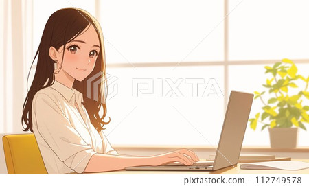 A woman working on a PC 112749578