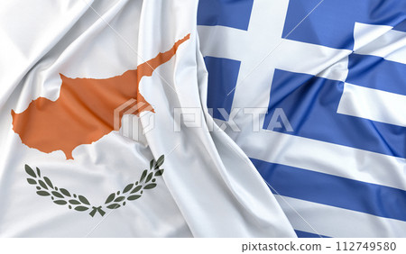 Ruffled Flags of Cyprus and Greece. 3D Rendering Ruffled Flags of Cyprus and Greece. 3D Rendering 112749580
