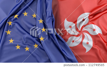 Ruffled Flags of European Union and Hong Kong. 3D Rendering 112749585