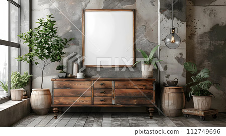 AI-generated content. Wooden cabinet, dresser against concrete wall with mock up poster frame with copy space , generated AI 112749696