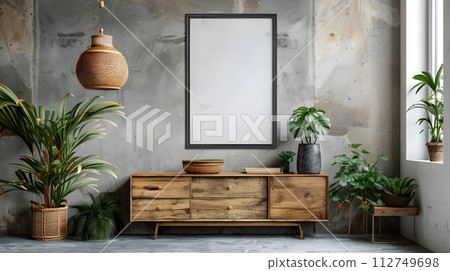 AI-generated content. Wooden cabinet, dresser against concrete wall with mock up poster frame with copy space , generated AI 112749698