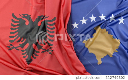 Ruffled Flags of Albania and Kosovo. 3D Rendering Ruffled Flags of Albania and Kosovo. 3D Rendering 112749802