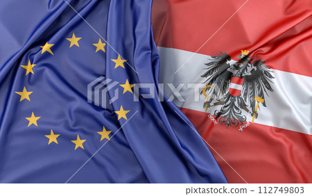 Ruffled Flags of European Union and Austria (with coat of arms). 3D Rendering Ruffled Flags of European Union and Austria (with coat of arms). 3D Rendering 112749803