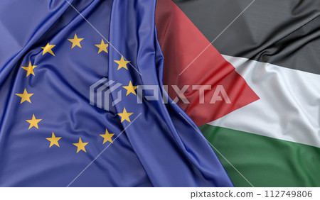 Ruffled Flags of European Union and Palestine. 3D Rendering Ruffled Flags of European Union and Palestine. 3D Rendering 112749806