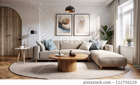 AI-generated content. Minimalist Living, Light Gray Sectional, Circular Wooden Coffee Table, Abstract Wall Accent, generative ai 112750229