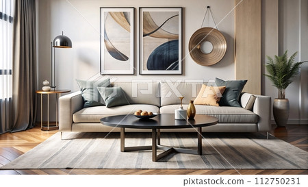 AI-generated content. Stylish Decor, Light Gray Sectional, Round Wood Coffee Table, Abstract Wall Artwork, generative ai 112750231