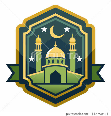 Complex, harmonious vector graphic influenced by Islamic patterns, highlighting geometrical motifs, simplistic white background, perfect for logo or badge designs Complex, harmonious vector graphic influenced by Islamic patterns, highlighting geometrical motifs, simplistic white background, perfect for logo or badge designs 112750301