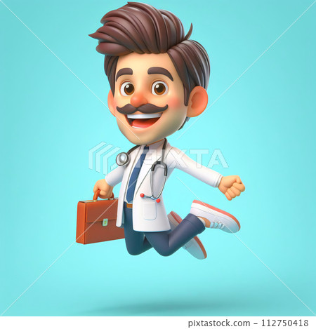 AI-generated content. Animated 3D doctor figure leaps joyfully, cartoon design, lively colors, exaggerated traits, cheerful expression, textured details, concept art for animation, generative ai 112750418