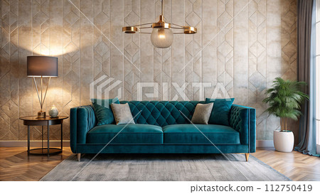 AI-generated content. Emerald velvet settee contrasts with textured cream wall, accented by geometric gold lampshade, generative ai 112750419