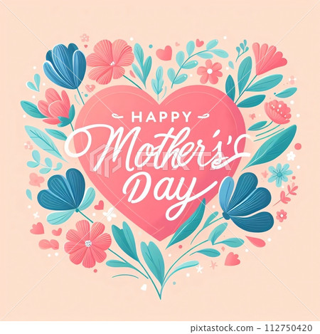 AI-generated content. Heart shaped bouquet of flowers with Happy Mother's Day in elegant cursive, vibrant pastel shades, logo, generative ai 112750420