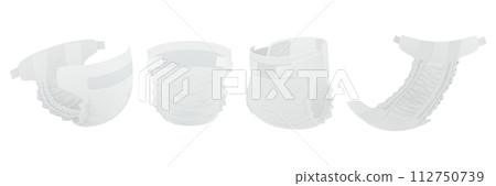 Flat Vector Illustration of a Baby Diaper. Side and Front View. Versatile Baby Diaper Views, Open and Closed Diaper. Infant Underwear Set 112750739