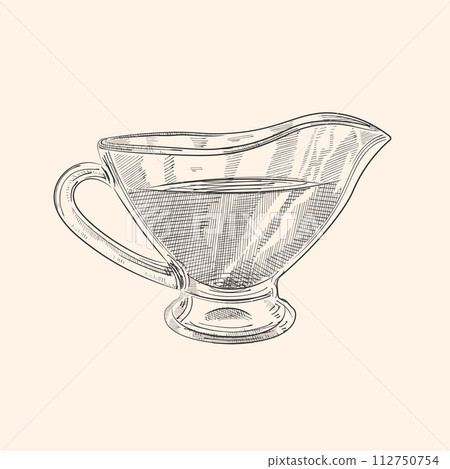 Vector hand-drawn illustration of a glass saucepan with oil. Sketch for butter label design, menu, cooking design. Vector hand-drawn illustration of a glass saucepan with oil. Sketch for butter label design, menu, cooking design. 112750754