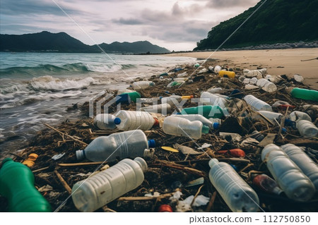 AI-generated content. Beautiful seashore polluted with plastic garbage 112750850
