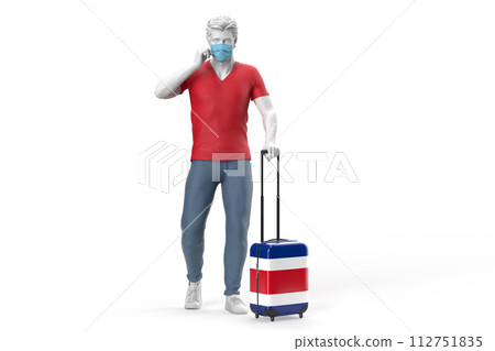 Man wearing face mask pulls a suitcase textured with flag of Thailand. 3D illustration Man wearing face mask pulls a suitcase textured with flag of Thailand. 3D illustration 112751835