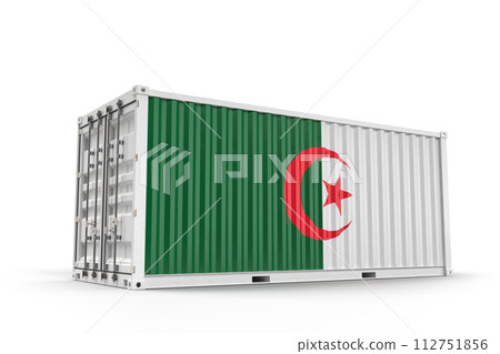 Shipping cargo container textured with Flag of Algeria. Isolated. 3D Rendering 112751856