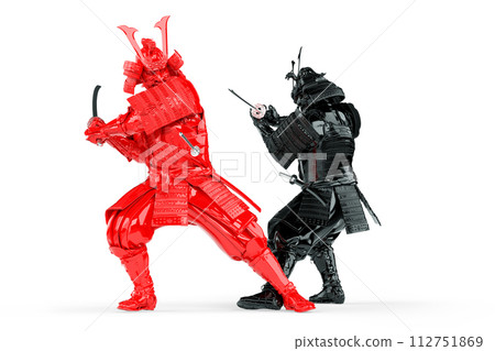Duel of red and black samurai warriors. Isolated on white background. 3D Rendering Duel of red and black samurai warriors. Isolated on white background. 3D Rendering 112751869