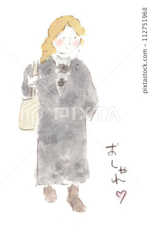 Watercolor illustration of a woman wearing a chic black coat with wide borders in winter Watercolor illustration of a woman wearing a chic black coat with wide borders in winter 112751968