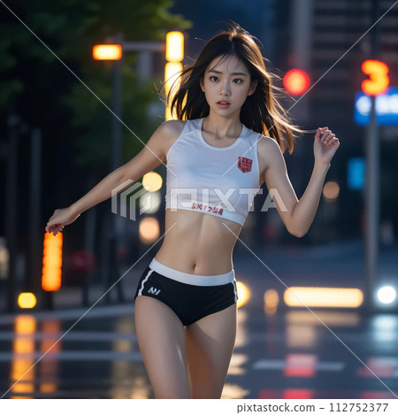 Female athlete running in the city at night AI image AI photo AI generation AI gravure 112752377