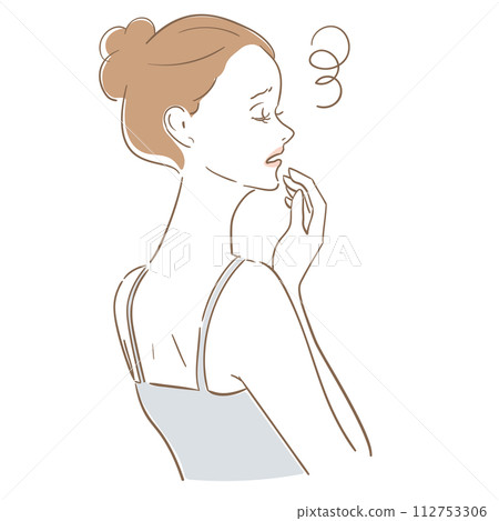 A woman with curly hair who suffers from skin problems 112753306