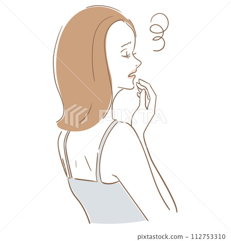 A woman with medium hair who suffers from skin problems A woman with medium hair who suffers from skin problems 112753310