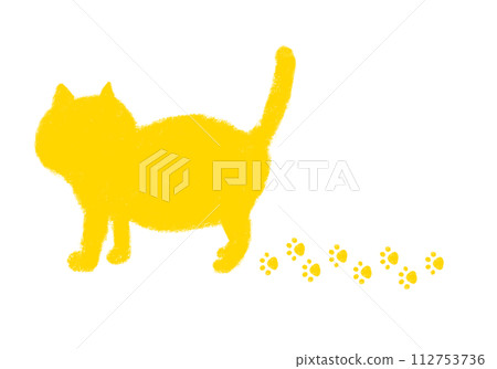 Walking cat silhouette footprints crayon touch yellow Walking cat silhouette footprints crayon touch yellow 112753736