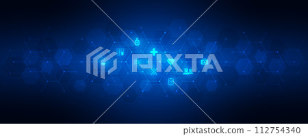 Healthcare and technology concepts with flat icons and symbols. Template design for health care business, innovation medicine, science background, medical research 112754340