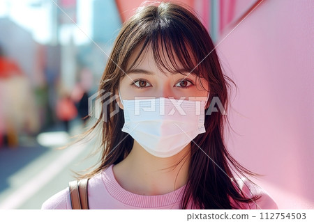 Woman wearing a mask, pink "AI generated image" 112754503