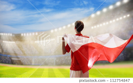 Poland football team supporter on stadium. 112754847