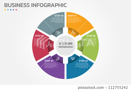 Visual data presentation. Cycle diagram with 6 options. Pie Chart Circle infographic template with 6 steps, options, parts, segments. Business concept. Marketing infographic vector illustration. 112755242