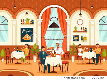 Italian Food Restaurant or Cafeteria Vector Illustration with Traditional Italy Dishes Pizza or Pasta in Flat Cartoon Background Design 112755484