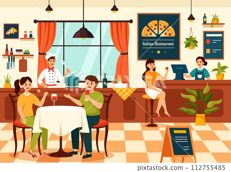 Italian Food Restaurant or Cafeteria Vector Illustration with Traditional Italy Dishes Pizza or Pasta in Flat Cartoon Background Design 112755485