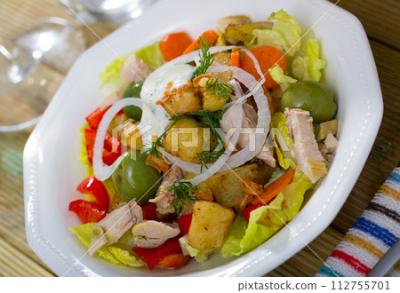 Warm salad of chicken and eggplant Warm salad of chicken and eggplant 112755701