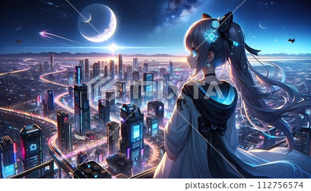 俯瞰未來城市的美麗女孩 俯瞰未來城市的美麗女孩 112756574