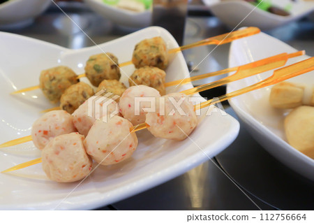 shrimp ball , meatball or fish ball or shrimp ball barbecue shrimp ball , meatball or fish ball or shrimp ball barbecue 112756664