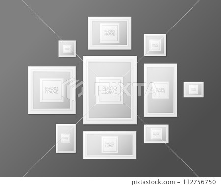 Realistic picture frames isolated on white background. Composition with photo frames on the wall. Template for your photos. Vector illustration. Realistic picture frames isolated on white background. Composition with photo frames on the wall. Template for your photos. Vector illustration. 112756750