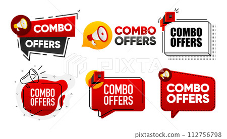 Combo Offers. Megaphone label collection with text. Marketing and promotion. Vector Illustration. Combo Offers. Megaphone label collection with text. Marketing and promotion. Vector Illustration. 112756798