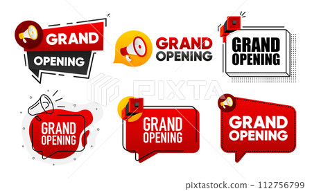 Grand Opening. Megaphone label collection with text. Marketing and promotion. Vector Illustration. Grand Opening. Megaphone label collection with text. Marketing and promotion. Vector Illustration. 112756799