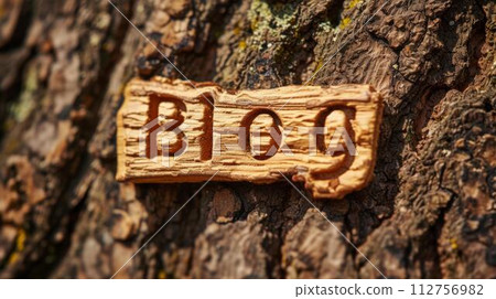 AI-generated content. Bark Blog concept creative art poster. The word Blog made in textured lettering. Horizontal Illustration. Ai Generated Blogging and Online Journaling Symbol. 112756982