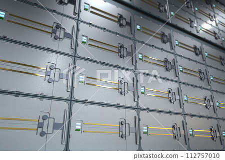 Safe deposit boxes inside bank vault interior Safe deposit boxes inside bank vault interior 112757010