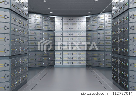 Safe deposit boxes inside bank vault interior Safe deposit boxes inside bank vault interior 112757014