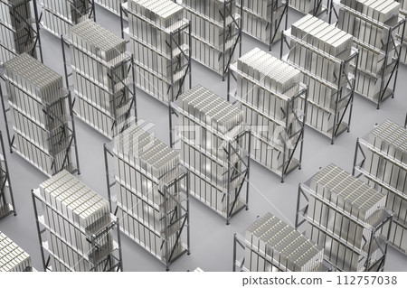 Heap of silver ingots in bank vault safe 112757038