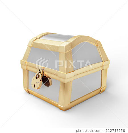 Closed Chest from Gold and Silver with Padlock Isolated on White Background. 3D Illustration. File with Clipping Path. 112757258