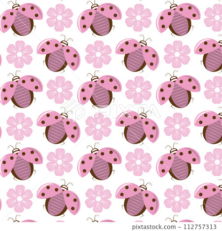 A greeting card with a pink flower and ladybugs zooming above it vector illustration  112757313
